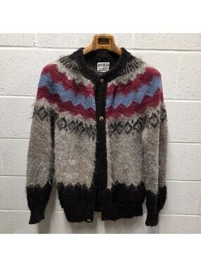 Vtg Rey Wear Shaggy 100% Alpaca Cardigan Fair Isle Grunge Winter Layering 19x31